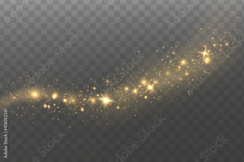 Christmas light effect. Sparkling magical dust particles.The dust sparks and golden stars shine with special light. photo