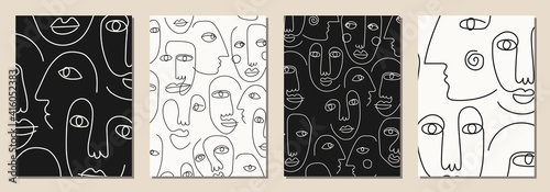 Set of hand drawn abstract faces in line art style, seamless pattern background, modern minimalism art, aesthetic contour