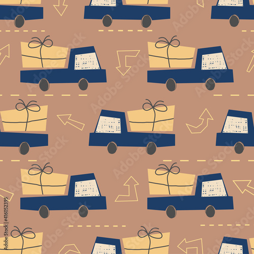 Vector seamless pattern with toy car, parcel, road sign, arrows, lines can be used for kids fabric, textile, wallpaper, surface, case, clouthers, design objects, wrapping paper, nursery wallpaper. photo