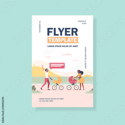 Two new moms walking together. Woman with strollers meeting and waving hello flat vector illustration. Motherhood, childcare, friendship concept for banner, website design or landing web page