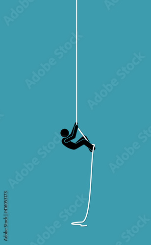 Stick figure man climbing up on a rope. Vector illustration concept of determination, effort, strength, and challenge.