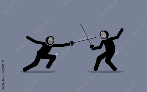 Two fencers fighting in a fencing sport game. Vector illustration concept of fencing, duel, competition, rival, opponent, warrior, versus, and combat.
