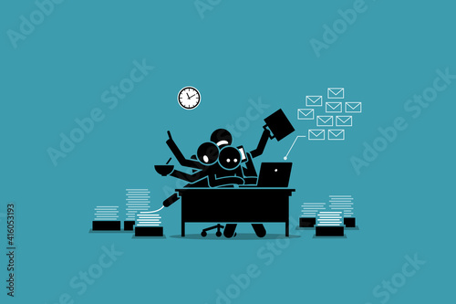 Busy man working in the office and overwhelmed by work. Vector illustration concept of businessman getting exhausted, tired, too much work, overworked, and overtime.