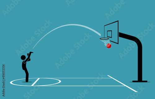 Man shooting a basketball into a hoop and scoring from free throw line. Vector illustration concept of accurate, precise, skillful, objective, and practice makes perfect.
