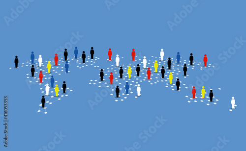 Different type of people around the world map. Vector illustration concept of diversity, humanity, globalization, culture variety, and togetherness.