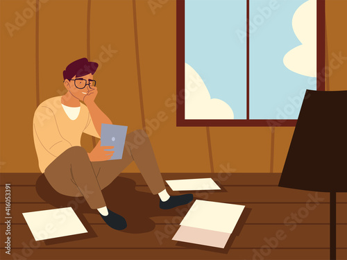 procrastinating freelancer man sitting using smartphone