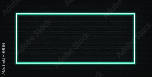 Neon blue light on dark black brick wall vector illustration. Neon border or frame. Lights sign. Vector abstract neon background for signboard or billboard. Geometric glow outline.
