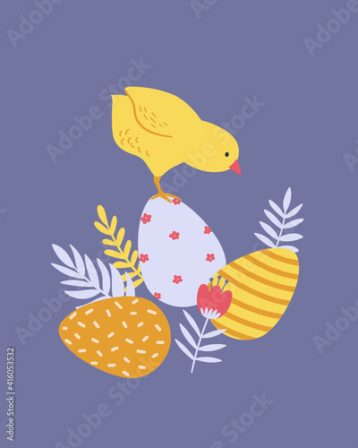 Happy Easter poster, print, greeting card or banner with painted eggs, chicken, spring flowers and plants. Vector hand drawn illustration.