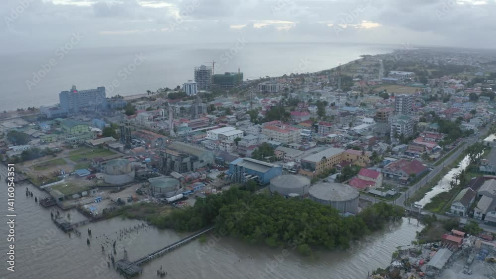 Aerial view of industrial harbor area in Guyana, South America 