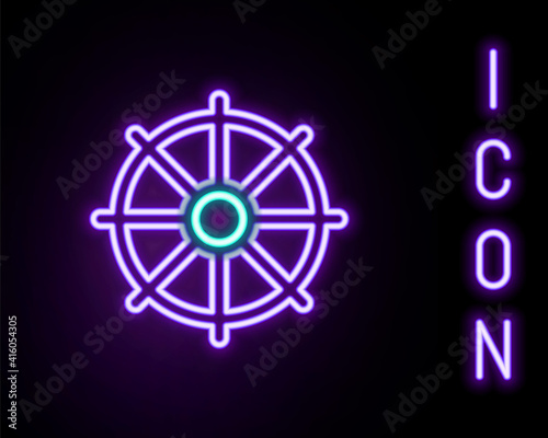 Glowing neon line Dharma wheel icon isolated on black background. Buddhism religion sign. Dharmachakra symbol. Colorful outline concept. Vector.