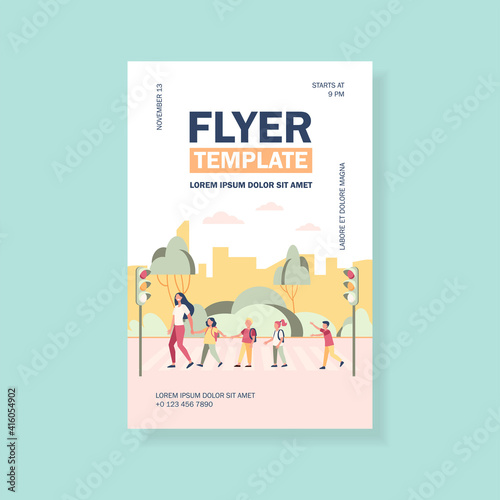 School children and teacher crossing street. Pedestrians, kids, traffic light flat vector illustration. Crosswalk, safety, warning concept for banner, website design or landing web page