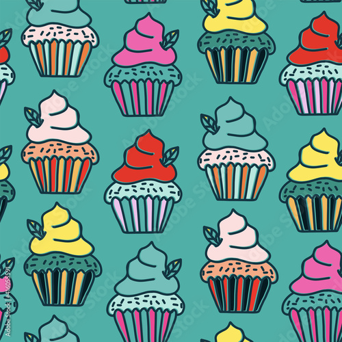 A seamless pattern with hand drawn cakes in an unusual  bright color combination. Modern vector illustration. The concept of cafes and pastry shops. The objects are uncut  the pattern is isolated from