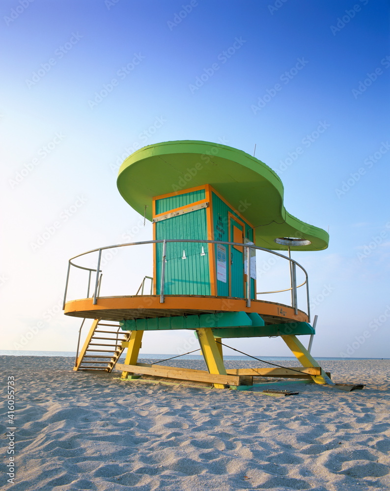 Lifeguard hut in art deco style, South Beach, Miami Beach, Miami, Florida, United States of America, North America Lifeguard hut in art deco style, South Beach, Miami Beach, Miami, Florida, United States of America, North America
