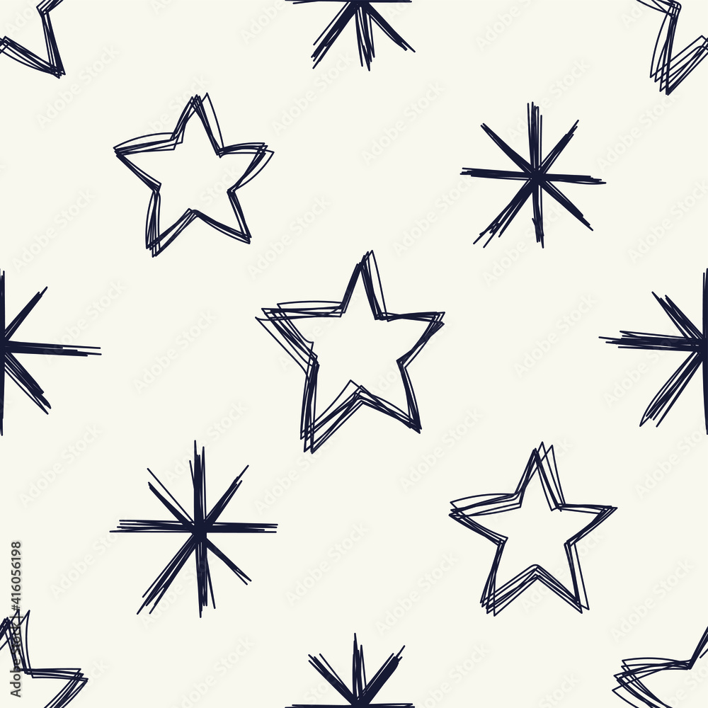 Obraz premium Seamless vector doodle stars pattern. Chaotic hand drawn lines background. For fabric, textile, wrapping, cover etc.