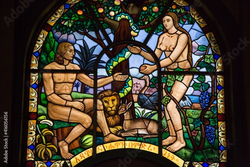 Stained glass window depicting Adam and Eve in the Garden of Eden, Holy Trinity Cathedral, the largest Orthodox church in the country, built between 1935 and 1942, Addis Ababa, Ethiopia, Africa