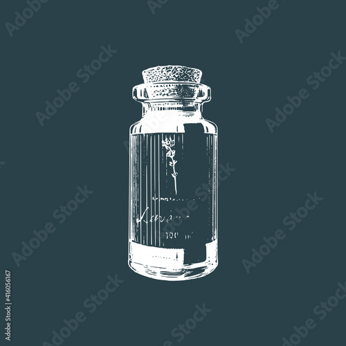 Illustration of essential oil vial. Perfume bottle