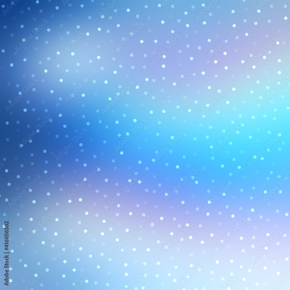 Glittering snow falling on fantastic blue holographic background. Festive decorative abstract illustration.