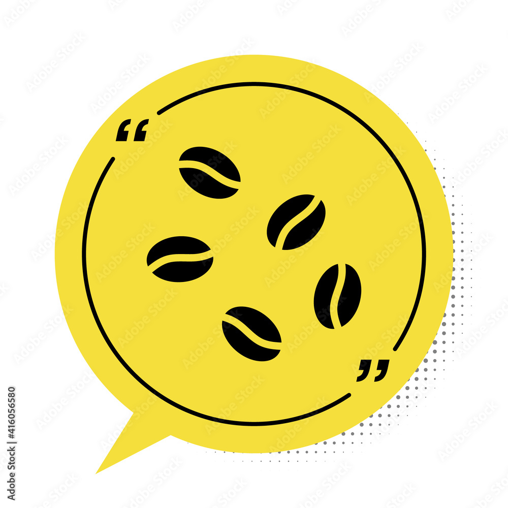 Black Coffee beans icon isolated on white background. Yellow speech bubble symbol. Vector. Black Coffee beans icon isolated on white background. Yellow speech bubble symbol. Vector.