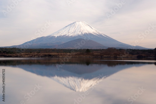 Mount Fuji, 3776m, viewed across Shoji-Ko, one of the lakes in the Fuji Go-ko (Fuji Five Lakes) region, Honshu, Japan, Asia photo