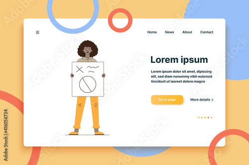 Woman showing placard. Female protest activist holding poster flat vector illustration. Crisis, activism, demonstration concept for banner, website design or landing web page