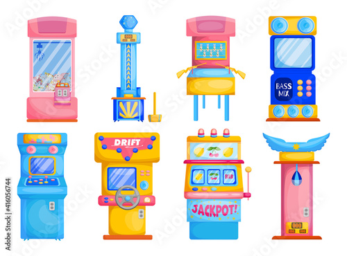 Colorful game machines flat set for web design. Cartoon attraction park devices with slots or soft toys isolated vector illustration collection. Gambling and entertainment concept