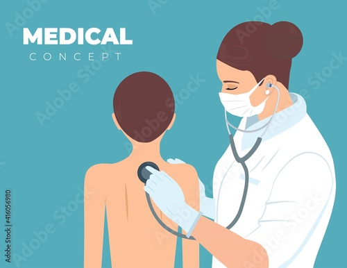 Pediatrician doctor wearing a mask examining little boy doing his health checkup on blue background. Listening to his heart beat and lungs with stethoscope vector illustration