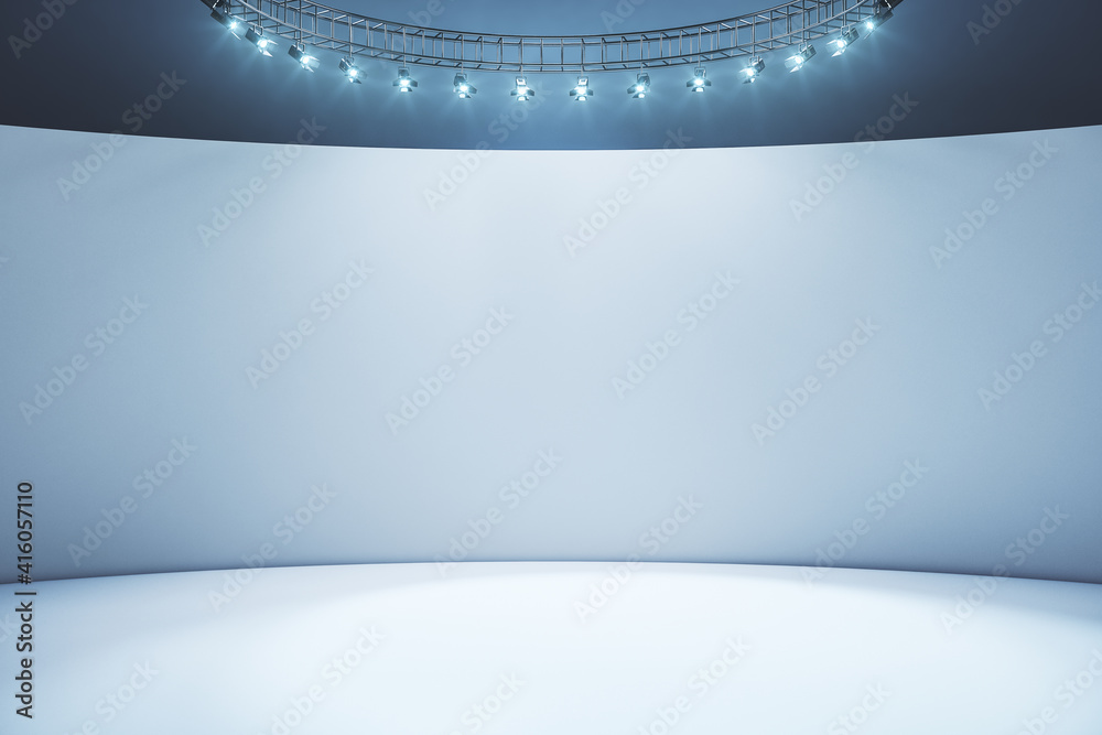 Blank light wall and white floor in empty hall room with led light on top. Mockup
