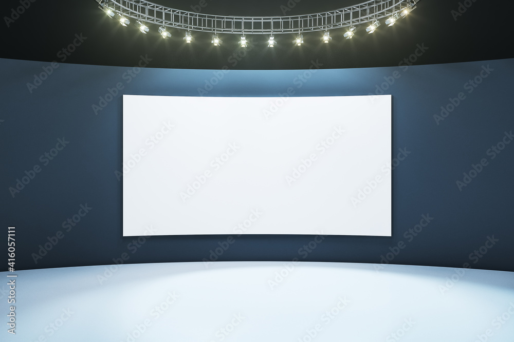 Blank white poster on dark wall in empty hall room with light floor and led lights on top. Mock up
