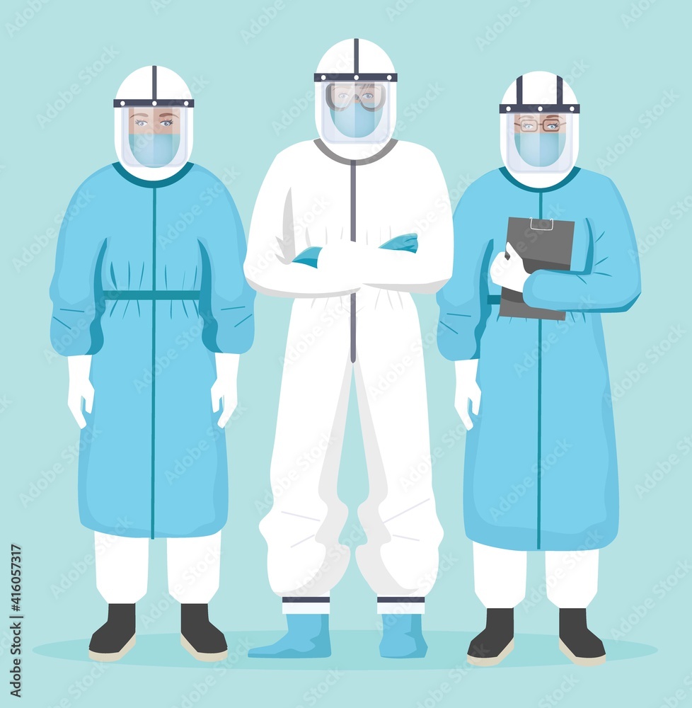 Medical team in hazard Suit vector illustration. Doctors in protective suit. Doctor wearing protective suit face shield, gloves to fight COVID-19 pandemic. Medical staff with Personal Protective Equip Medical team in hazard Suit vector illustration. Doctors in protective suit. Doctor wearing protective suit face shield, gloves to fight COVID-19 pandemic. Medical staff with Personal Protective Equip