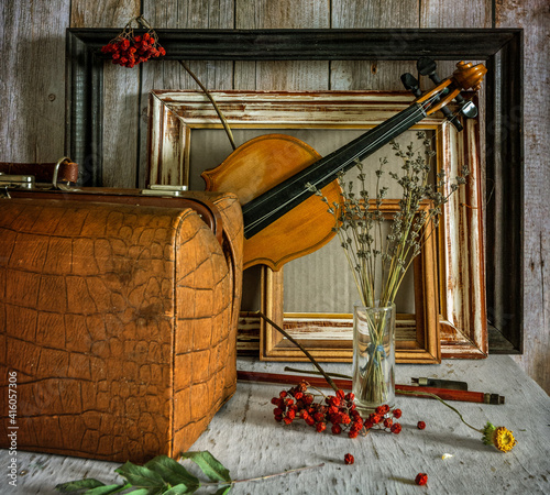Still life with old things. Burnt-out ancient travel bag. Violin with torn strings. Shabby wooden frames. Dried plants. Vintage. Retro. © Mykhailo