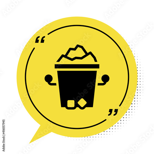 Black Ice bucket icon isolated on white background. Yellow speech bubble symbol. Vector.
