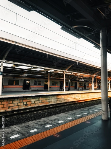 The train station in Jakarta, Indonesian, I'm waiting for the train to come so I can travel, not many people, because covid 19 is still hanging around.