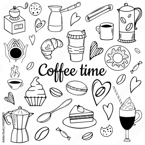 Doodle-style  Vector illustration coffee and desserts, cakes, coffee maker