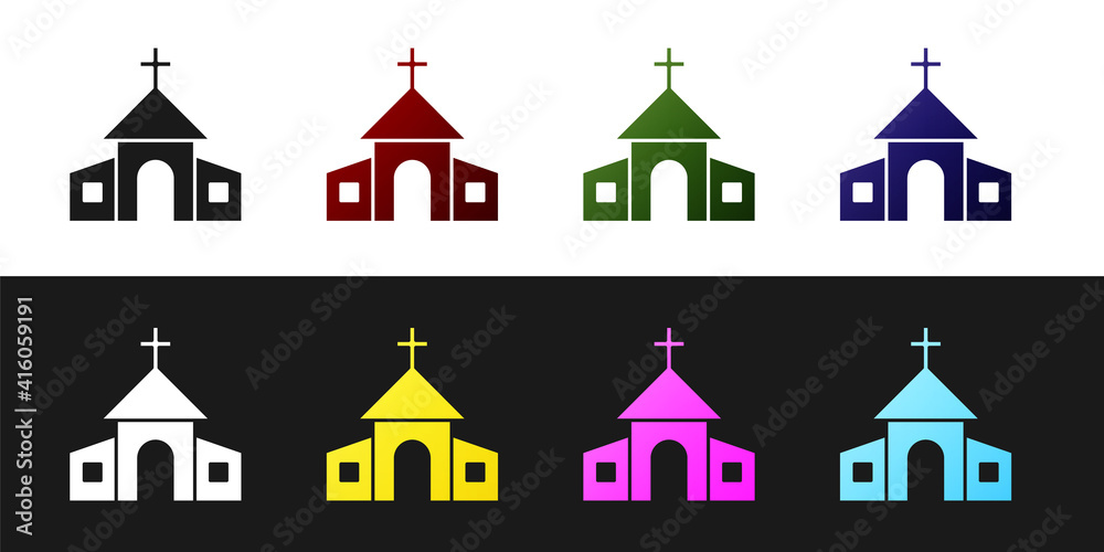 Set Church building icon isolated on black and white background. Christian Church. Religion of church. Vector.