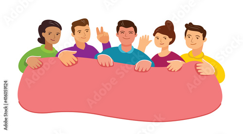 People hold banner. Vector illustration in cartoon style