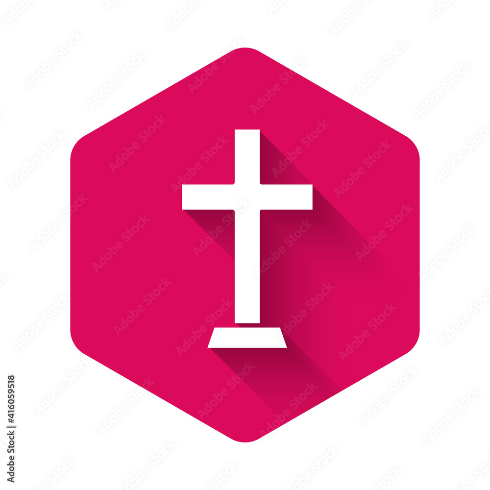Fototapeta premium White Christian cross icon isolated with long shadow background. Church cross. Pink hexagon button. Vector.