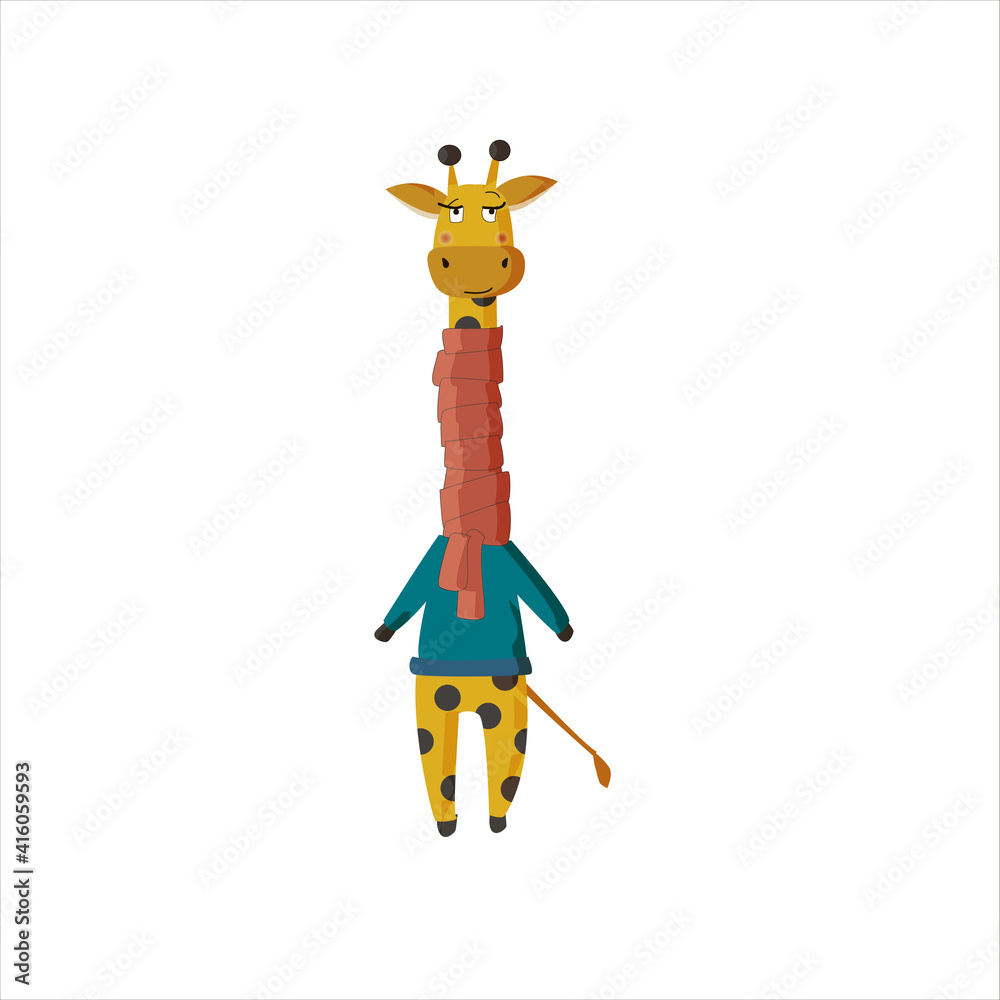 Baby funny vector illustration of a giraffe in a sweater and scarf Baby funny vector illustration of a giraffe in a sweater and scarf