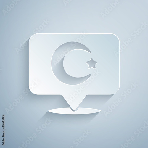 Paper cut Star and crescent - symbol of Islam icon isolated on grey background. Religion symbol. Paper art style. Vector.
