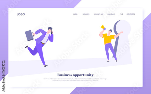 Business key opportunity concept with keyhole and ambitious people running to career potential and work financial success flat style vector illustration. New way business beginnings and unlock future.