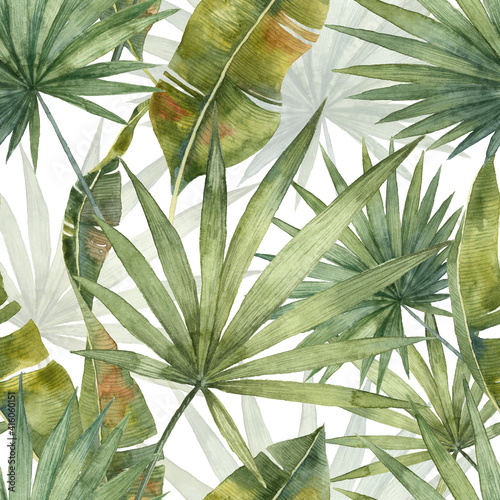 Seamless pattern with watercolor tropical leaves