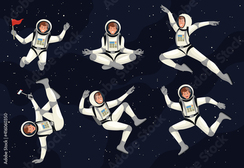 Spaceman cosmonaut science icon space set. People wearing spacesuits in different poses. Cartoon astronauts or cosmonauts in zero gravity