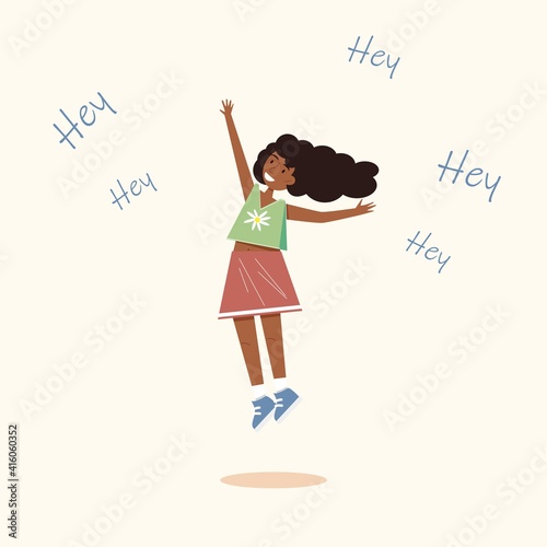 Smiling jumping afro-american vector single girl shout hey on the pink background 