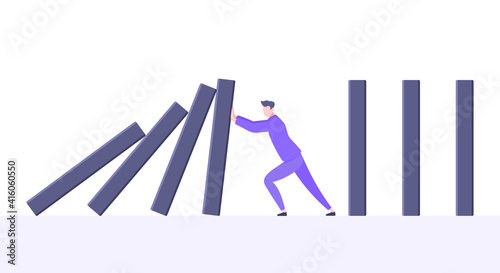 Domino effect or business resilience metaphor vector illustration concept. Adult young businessman pushing falling domino line business concept of problem solving and stopping domino chain reaction.