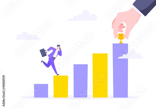 Business mentor helps to improve career and holding stairs steps vector illustration. Mentorship, upskills and self development strategy flat style design business concept.