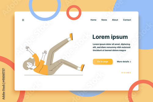 Woman falling down. Cartoon female character lying on slippery floor flat vector illustration. Carelessness, attention, accident concept for banner, website design or landing web page