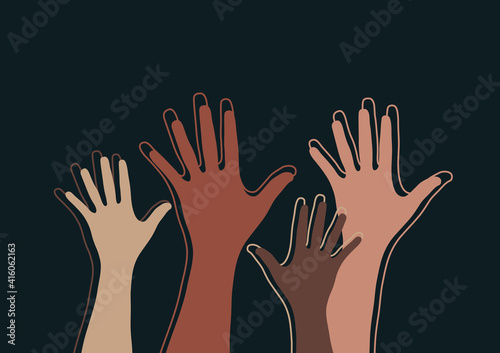 Raised hands, open palms. The concept of charity, volunteering, love, kindness, equality, racial and social issues. Vector illustration