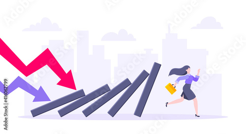 Domino effect or business resilience metaphor vector illustration concept. Adult young businesswoman run away from falling domino line business concept problem solving and danger domino chain reaction