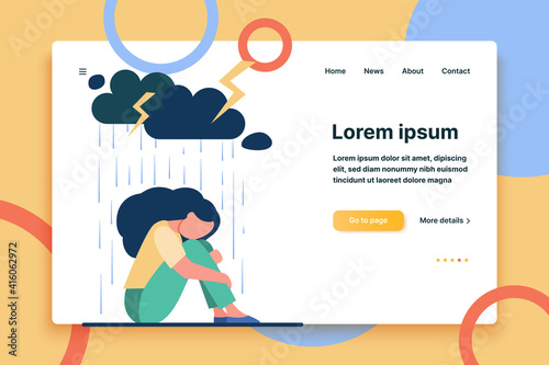Young lonely girl sitting under storm cloud isolated flat vector illustration. Cartoon unhappy woman crying because of problems. Depression and mental disorder concept