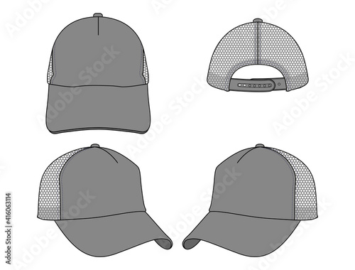 Gray Mesh Trucker Cap With Adjustable Snap back Vector.