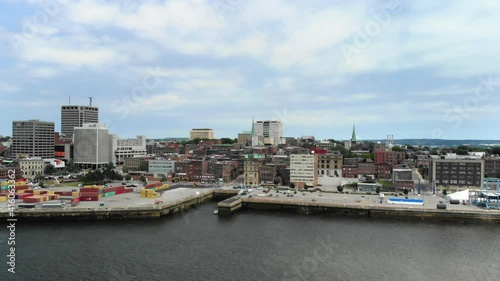 AERIAL: Flying Over Bay of Fundy Toward City of Saint John On Warm Summer Day photo